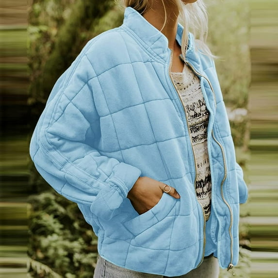 Uooqdmx Bomber Jacket Women,Cropped Jacket Women,Jackets Winter,Coats for Warm Fleece Coat Plain Quilted Coat Stcollar Zip Up Jacket Outerwear,Waterproof Jacket,Womens Cardigan Sweaters Light Blue 2XL
