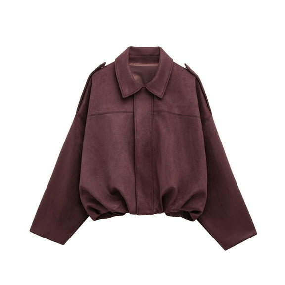 Uooqdmx Bomber Jacket Women Suede Jacket Women Oversized Jacket Zip Up Jackets for Women Soft Loose Coats Outerwear Tops, Wine M