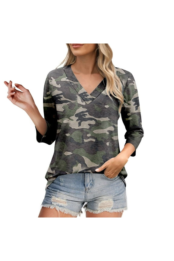 Camouflage Shirt Women, V Neck Tops for Women, Long Sleeve Shirts for Women, Womens Tops Casual, Blouses for Women, Dark Gray M