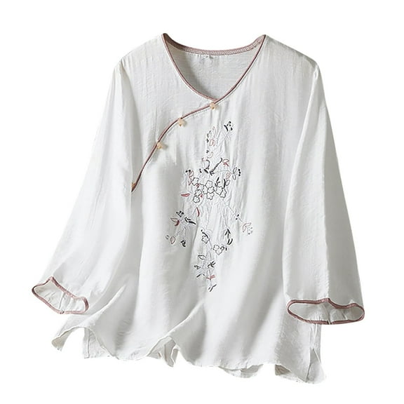 Uooqdmx Chinese Tops for Women, Linen Shirts for Women, Embroidered Tops for Women, Lightweight Tops & Blouses, Womens Tops Casual, White L