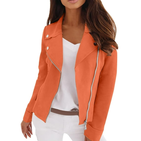 Uooqdmx Cropped Jacket Women Suede Jacket Women Zip Up Jackets for Women Faux Leather Jacket Women Open Front Cropped Coat Outwear, Orange L