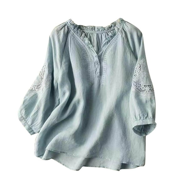 Uooqdmx Embroidered Tops for Women, Linen Tops for Women, Gauze Shirts for Women, 3/4 Sleeve Tops for Women, Womens T Shirts Loose Fit, Blue L