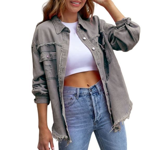 Uooqdmx Jean Jacket Women Denim Jacket for Women Button Down Jacket Women Trucker Jacket Women Lightweight Jacket Women, Light Gray S