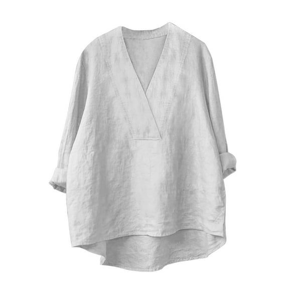 Uooqdmx Linen Shirts for Women, Womens Tops Casual, Tunic Tops, V Neck T Shirts for Women, Blouses for Women Dressy Casual, White S
