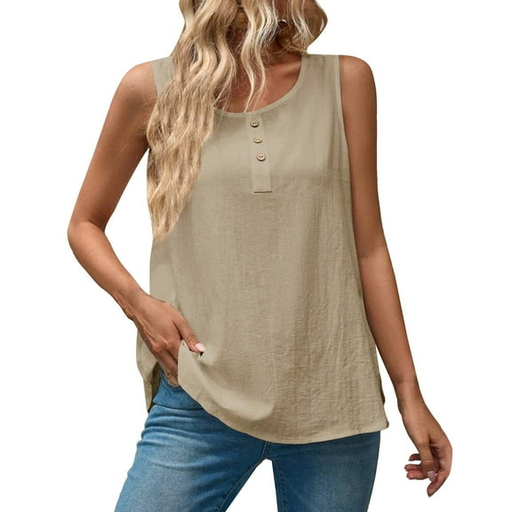 Uooqdmx Linen Tank Tops for Women, Gauze Shirts for Women, Plain Tank Tops for Women, Loose Fitting Tank Tops for Women, Sleeveless Tunic Tops for Women, Khaki XL