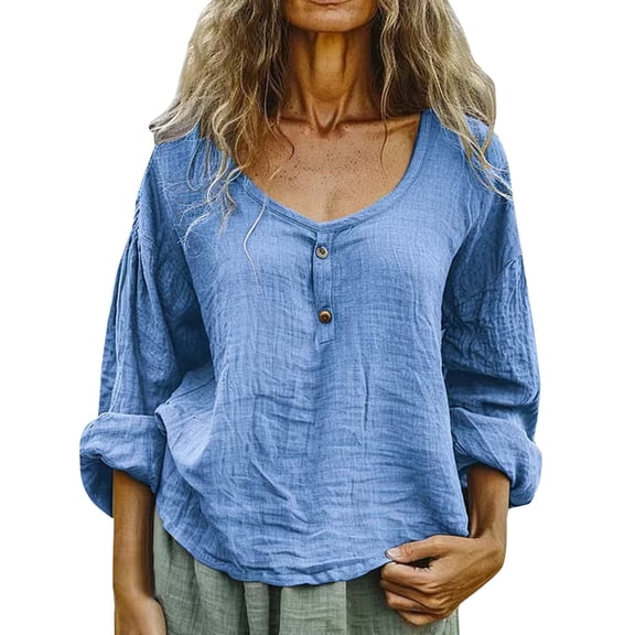 Uooqdmx Linen Tops for Women, Gauze Shirts for Women, Scoop Neck Tops for Women, Womens Shirts Dressy Casual, Plain T Shirts for Women, Blue 3XL