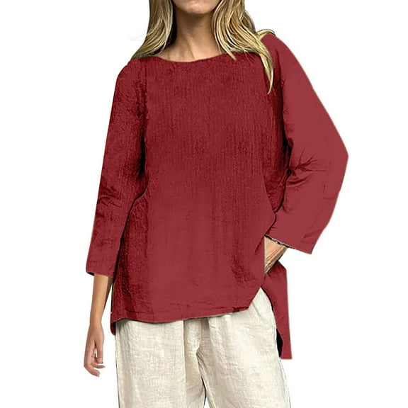 Uooqdmx Linen Tops for Women, Womens Tops Casual, 3/4 Length Sleeve Womens Tops, Gauze Shirts for Women, Womens Summer Tops, Red L