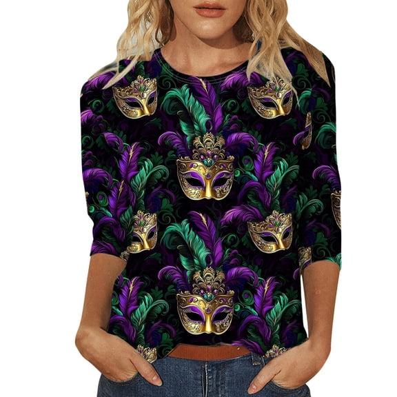 Uooqdmx Mardi Gras Shirt Long Sleeve Graphic Tees for Women Holiday Apparel Long Sleeve Blouses for Women Rave Clothes Crew Neck T Shirts for Women Mardi Gras Apparel Women Hot Pink 4XL