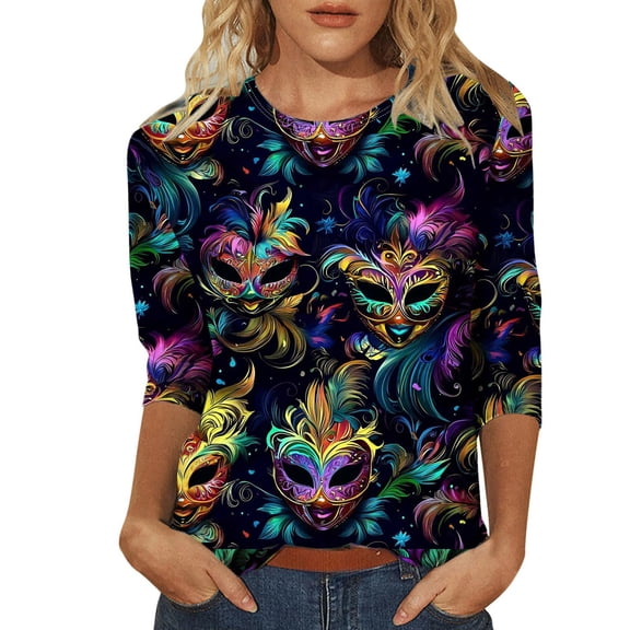 Uooqdmx Mardi Gras Shirts T Shirts for Women Loose Fit Rave Clothes Long Sleeve Graphic Tees for Women Ladies Mardi Gras Tops Long Sleeve Tops for Women Holiday Apparel Blue 5XL