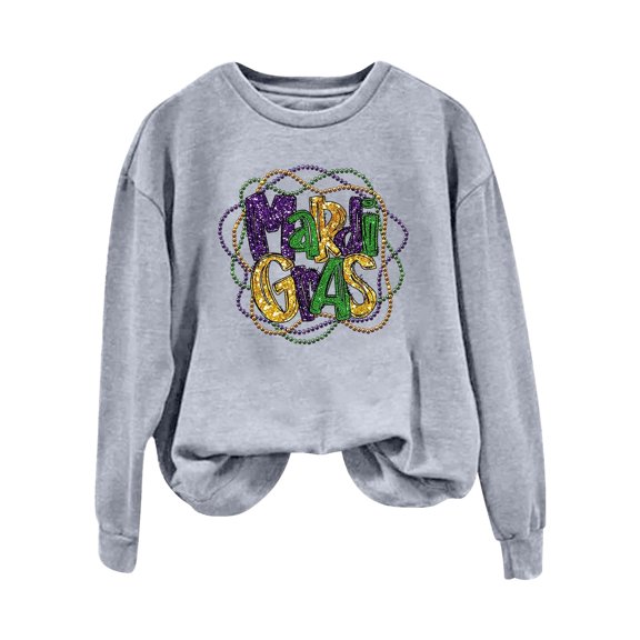 Uooqdmx Mardi Gras Sweatshirt Women Sweatshirts for Women Loose Fit Mardi Gras Clothing for Women Long Sleeve Graphic Shirts for Women Mardi Gras Clothing Crew Neck Sweatshirts Women Gray M