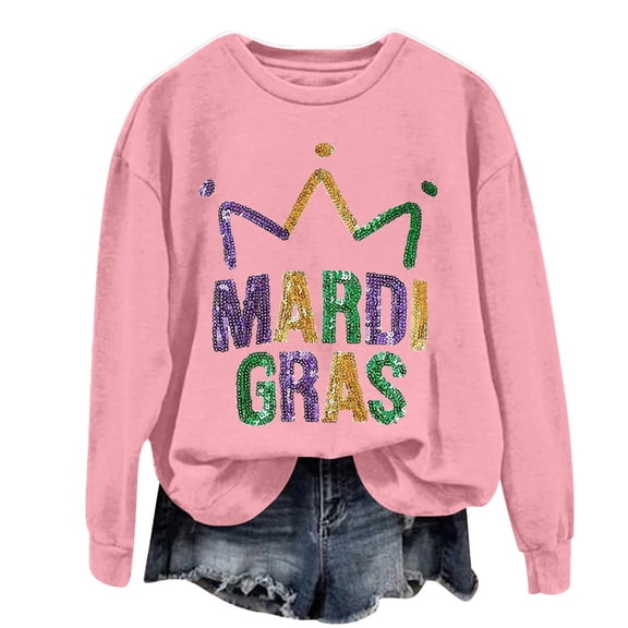 Uooqdmx Mardi Gras Sweatshirts for Women Graphic Long Sleeve Mardi Gras Long Sleeve Shirt Cute Sweatshirts Mardi Gras Womens Clothing Long Sleeve Graphic Shirts for Women Pink S