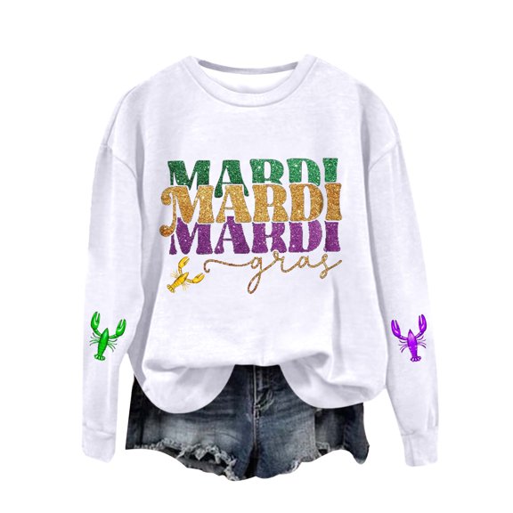 Uooqdmx Mardi Gras Sweatshirts Womens Sweatshirt Rave Outfits for Women Holiday Sweatshirts for Women Mardi Gras Clothing Womens Long Sleeve Tops Mardi Gras Long Sleeve Shirt White L