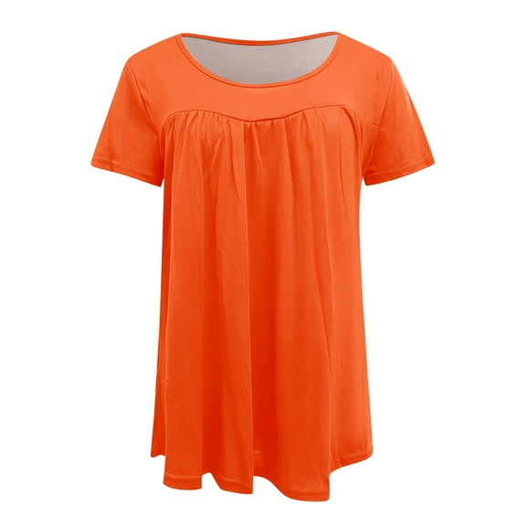 Uooqdmx Pleated Tops for Women, Womens Shirts Dressy Casual, Short Sleeve Tunic Tops for Women, Flowy Tops for Women, Plain T Shirts for Women, Orange S
