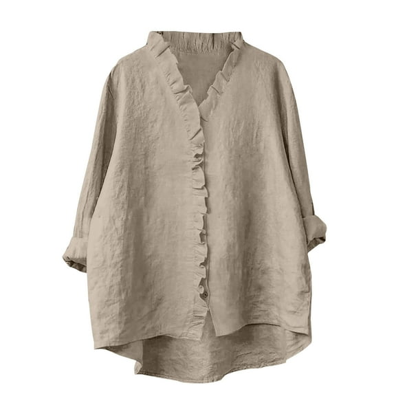 Uooqdmx Ruffle Tops for Women, 3/4 Length Sleeve Womens Tops, Cotton Shirts for Women, Plain T Shirts for Women, Womens Tops Casual, Beige L