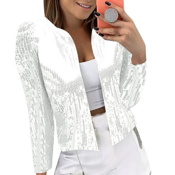 Uooqdmx Sequin Blazer Sequined Tops for Women Evening Cropped Blazer Mardi Gras Sequin Jacket Shimmery Tops Women Club Outfits for Women Mardi Gras Costumes White L