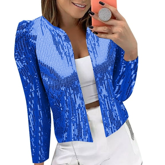 Uooqdmx Sequin Blazer for Women Party Jackets for Women Glitter Jacket for Women Mardi Gras Blazer Sparkly Holiday Tops for Women Shimmery Tops Women Mardi Gras Clothing Blue M