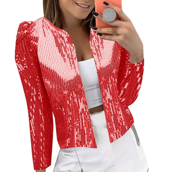 Uooqdmx Sequin Blazers for Women Evening Tops for Women Sparkle Blazer for Women Mardi Gras Jackets Cropped Blazer Glitter Jacket for Women Mardi Gras Clothes Red XXL