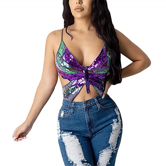 Uooqdmx Sequin Tank Cropped Tank Tops Holiday Outfits for Women Sparkly Holiday Tops for Women Mardi Gras Clothing Fitted Tank Tops for Women Club Outfits for Women Multi-color 3 One Size