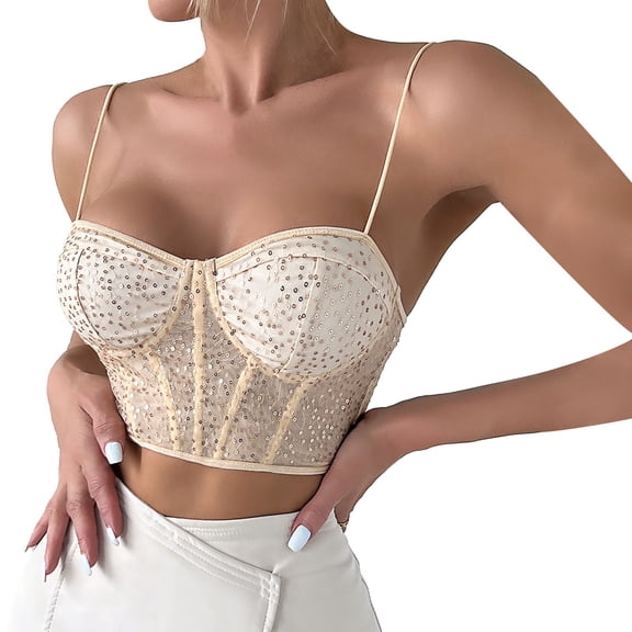 Uooqdmx Sequin Tank Tops for Women Crop Tank Tops for Women Womens Party Tops Club Outfits for Women Mardi Gras Tank Top Sparkly Holiday Tops for Women Sparkly Tops for Women Beige XS