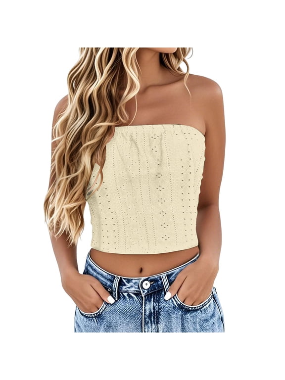 Tube Tops for Women, Bandeau Tops for Women, Strapless Tops for Women, Eyelet Tops for Women, Crop Tank Tops for Women, Beige L