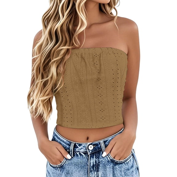 Uooqdmx Tube Tops for Women, Bandeau Tops for Women, Strapless Tops for Women, Eyelet Tops for Women, Crop Tank Tops for Women, Coffee 3XL