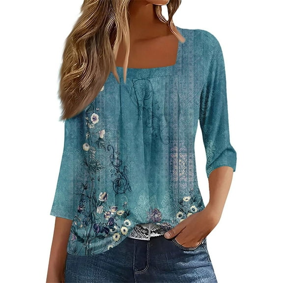 Uooqdmx Tunic Tops, Pleated Tops for Women, 3/4 Length Sleeve Womens Tops, Square Neck Tops for Women, Floral Tops for Women, Blue XXL