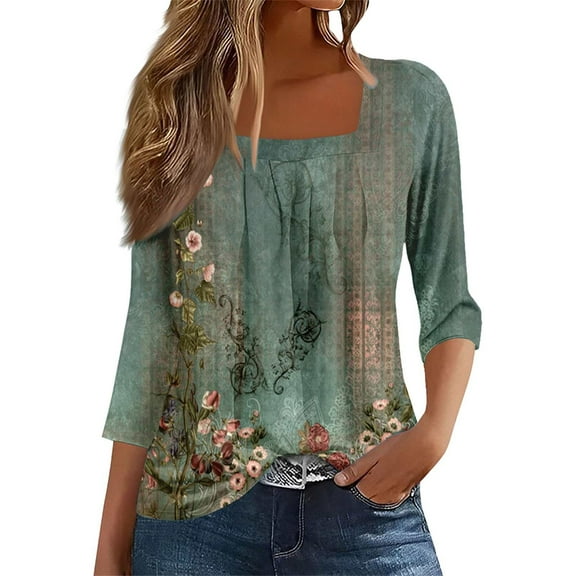 Uooqdmx Tunic Tops, Pleated Tops for Women, 3/4 Length Sleeve Womens Tops, Square Neck Tops for Women, Floral Tops for Women, Green L