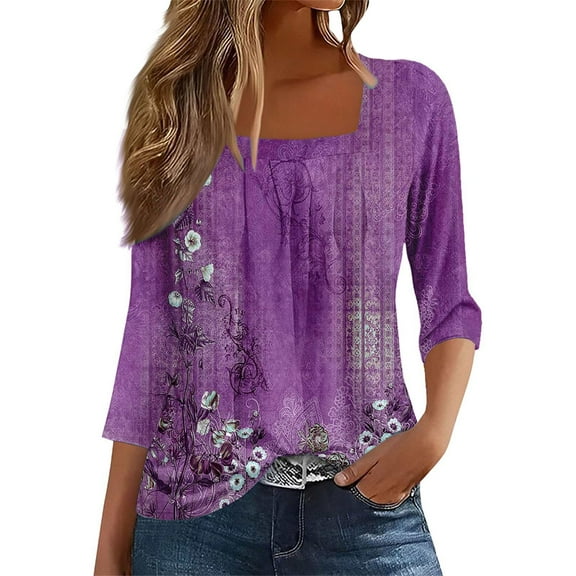 Uooqdmx Tunic Tops, Pleated Tops for Women, 3/4 Length Sleeve Womens Tops, Square Neck Tops for Women, Floral Tops for Women, Purple S