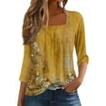 thumbnail image 1 of Uooqdmx Tunic Tops, Pleated Tops for Women, 3/4 Length Sleeve Womens Tops, Square Neck Tops for Women, Floral Tops for Women, Yellow XL, 1 of 7