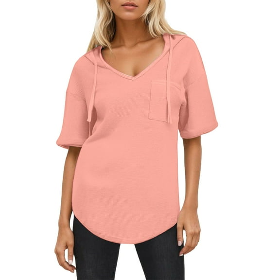 Uooqdmx Waffle Knit Tops for Women, T Shirts for Women Loose Fit, Blouses for Women Dressy Casual, Lightweight Hoodies for Women, Short Sleeve Hoodies for Women