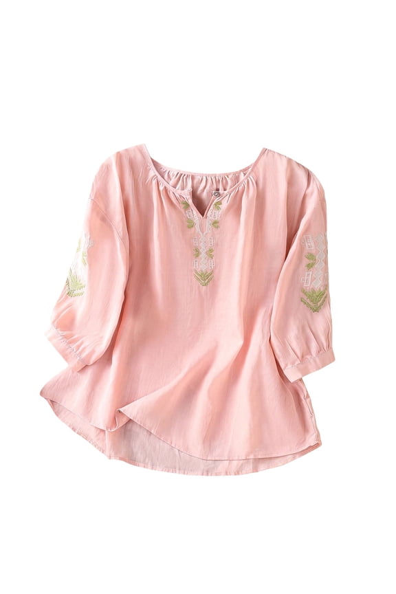 Women's Cotton Linen Shirts Boho Peasant Tunic Tops Embroidered Boho Tops Retro Embroidered Boho Linen Tunic Vacation Tops Cotton Linen Cute Summer Tops Pink M
