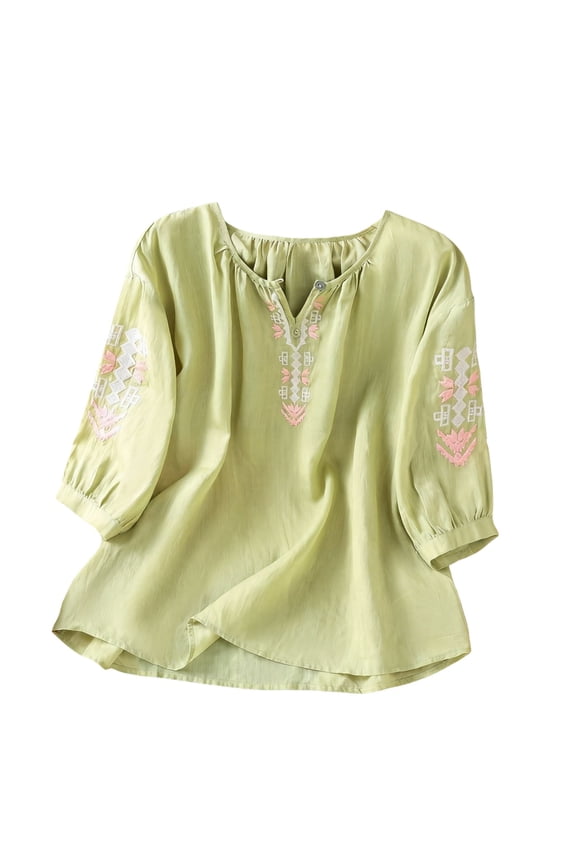 Women’s Embroidered Tops Peasant Tops Embroidered Tops Linen Tunic Tops Boho Tunic V Neck Tops for Women Spring Outfits for Women Womens Blouses Casual Light Green L