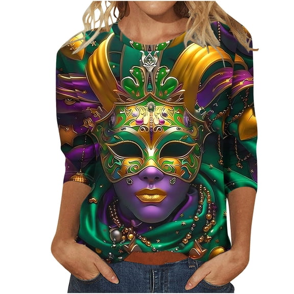 Uooqdmx Women's Mardi Gras Shirts Holiday Tops for Women Mardi Gras Clothing Crew Neck T Shirts for Women Mardi Gras T-shirts for Women Womens Tunic Tops Rave Clothes Green XL