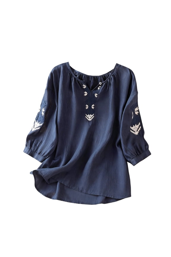 Womens Summer Boho Tops Bohemian Tops Boho Peasant Summer Shirts Curved Hem Linen Clothes for Women Elbow Sleeve Embroidered Boho Tops Beach Clothes for Women Black XXL