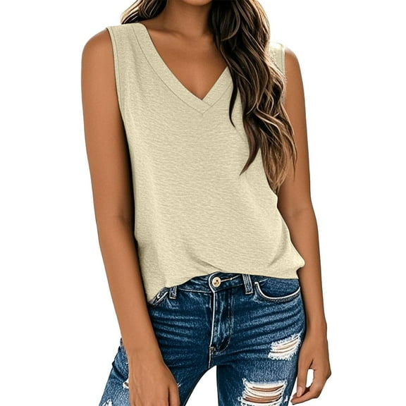 Uooqdmx Womens Tank Tops Loose Fit, V Neck Tank Tops for Women, Sleeveless Tops for Women, Basic Tank Tops for Women, Loose Tank Tops for Women, Beige L