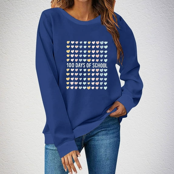 Uootdi 100 Days of School Long Sleeve Shirts for Women Womens Teacher Graphic Tops Happy 100 Days of School Sweatshirt Gift