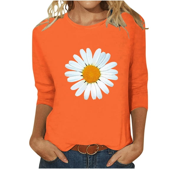 Uootdi 3/4 Gift Length Sleeve Womens Tops Floral Print Crewneck Shirts Casual Trendy Tunic Tops for Women