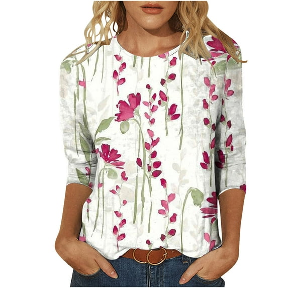 Uootdi 3/4 Gift Length Sleeve Womens Tops Floral Print Crewneck Shirts Casual Trendy Tunic Tops for Women