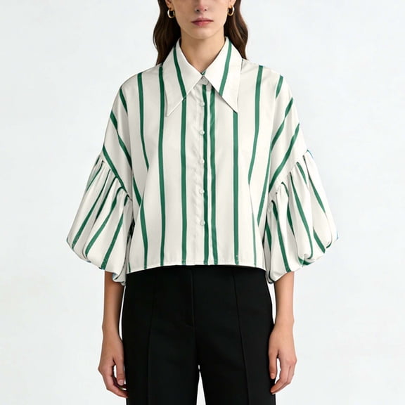 Uootdi 3/4 Lantern Sleeve Shirts for Women Cropped Cute Summer Button Down Collared Neck Tops Y2K Ruched Tops Gift