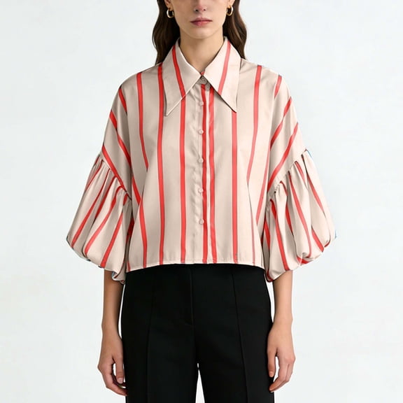 Uootdi 3/4 Lantern Sleeve Shirts for Women Cropped Cute Summer Button Down Collared Neck Tops Y2K Ruched Tops Gift