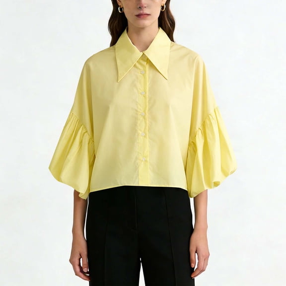 Uootdi 3/4 Lantern Sleeve Shirts for Women Cropped Cute Summer Button Down Collared Neck Tops Y2K Ruched Tops Gift
