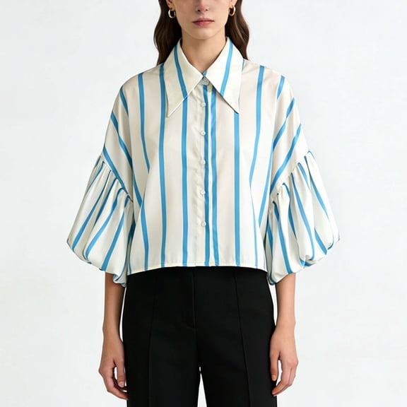 Uootdi 3/4 Lantern Sleeve Shirts for Women Cropped Cute Summer Button Down Collared Neck Tops Y2K Ruched Tops Gift