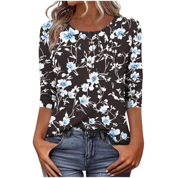 Uootdi 3/4 Length Sleeve Women Tops Floral Printed Button Down Shirts for Gift Women Crew Neck Blouses Dressy Casual Summer T Shir