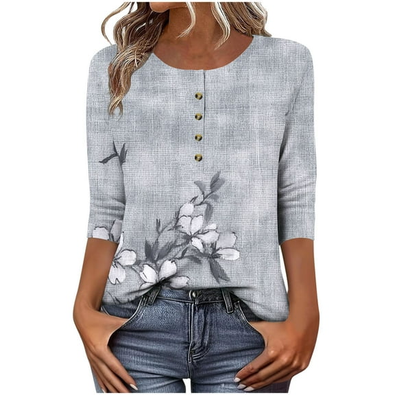 Uootdi 3/4 Length Sleeve Women Tops Floral Printed Button Down Shirts for Gift Women Crew Neck Blouses Dressy Casual Summer T Shir