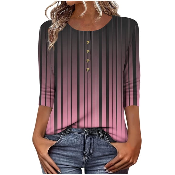 Uootdi 3/4 Length Sleeve Women Tops Floral Printed Button Down Shirts for Gift Women Crew Neck Blouses Dressy Casual Summer T Shir