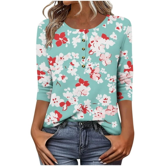 Uootdi 3/4 Length Sleeve Women Tops Floral Printed Button Down Shirts for Gift Women Crew Neck Blouses Dressy Casual Summer T Shir