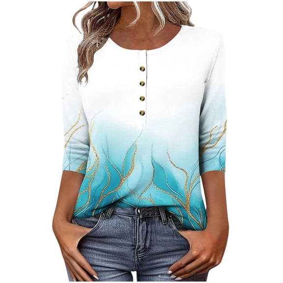 Uootdi 3/4 Length Sleeve Women Tops Floral Printed Button Down Shirts for Women Crew Gift Neck Blouses Dressy Casual Summer T Shir