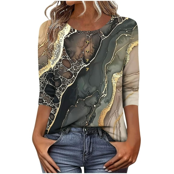 Uootdi 3/4 Length Sleeve Women Tops Floral Printed Button Down Shirts for Women Crew Gift Neck Blouses Dressy Casual Summer T Shir