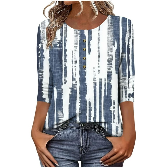 Uootdi 3/4 Length Sleeve Women Tops Floral Printed Button Down Shirts for Women Crew Gift Neck Blouses Dressy Casual Summer T Shir