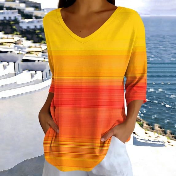 Uootdi 3/4 Sleeve Blouses Women V Neck Horizontal Stripe Gradient 3/4 Sleeve Curved Hem Relaxed Fit Tees Coastal Stroll Moisture Release Casual Shirts Women
